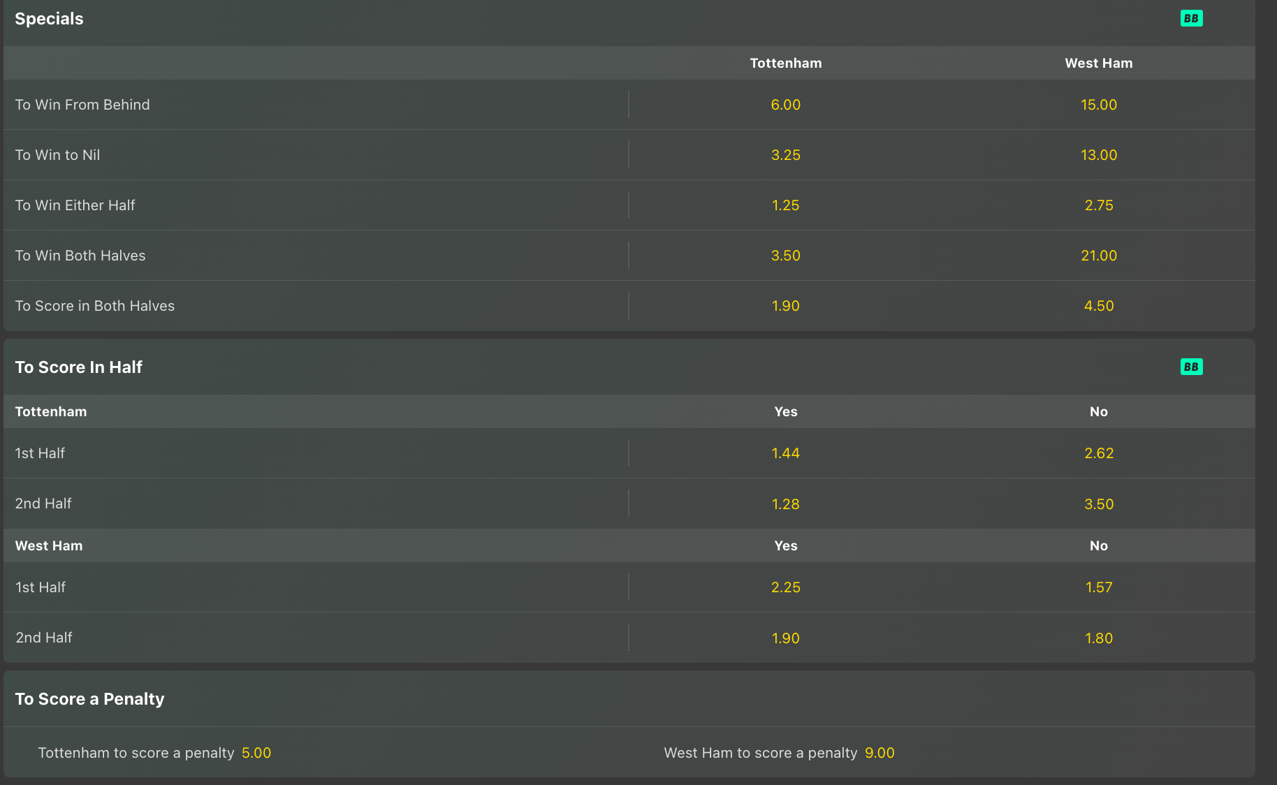 Bookie website showing selection of specials markets for football, including scoring, win and penalty markets